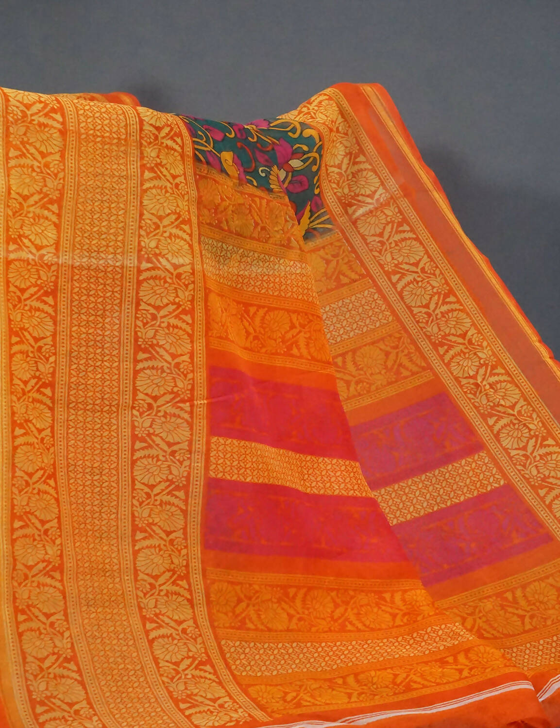 Vibrant Shades Of Green Kalamkaari Design Semi Chanderi Saree With Contrast Blouse By Gayathri Reddy Designer Studio - Distacart