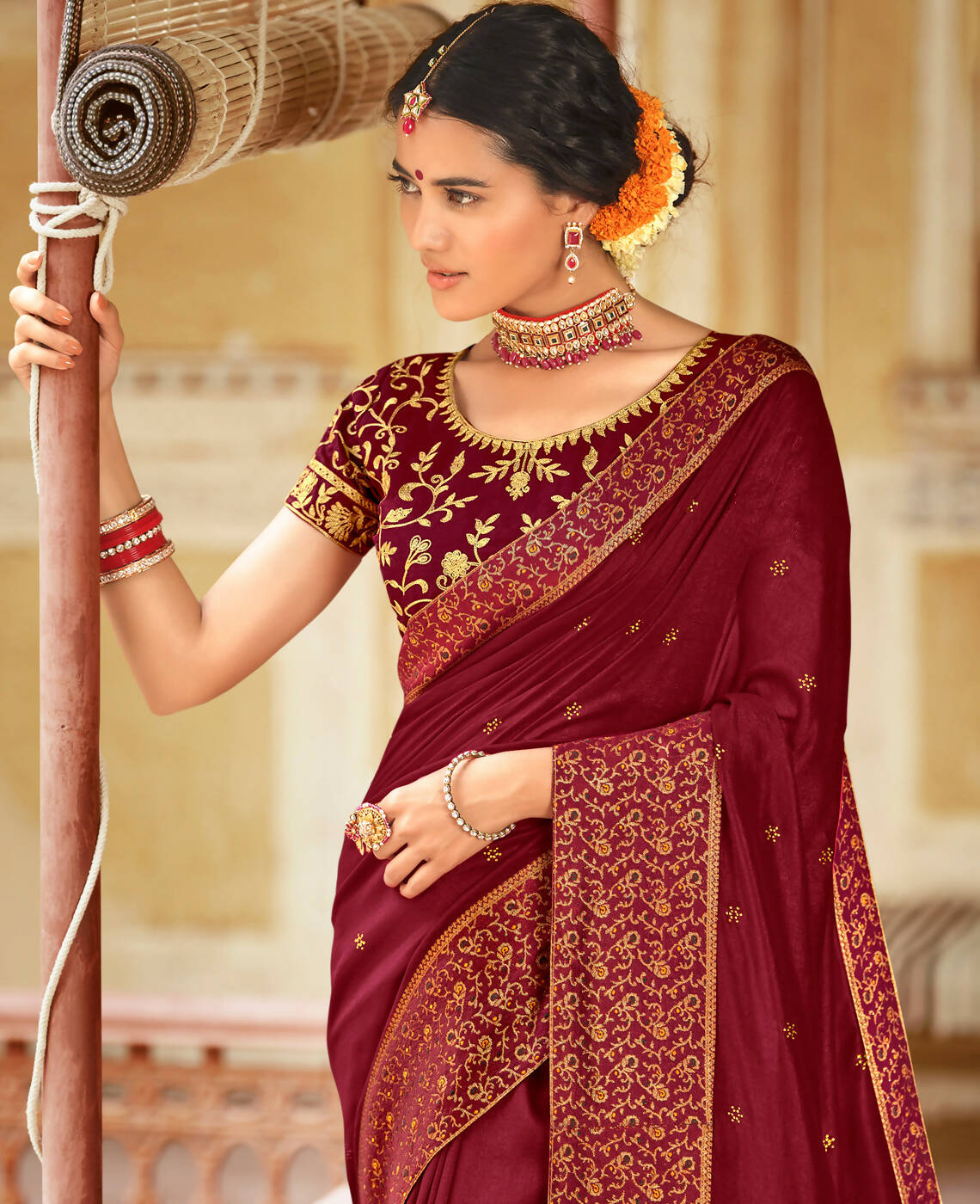 Maroon Vichitra Stone Work Saree With Unstitched Blouse Piece - Rosy - Distacart