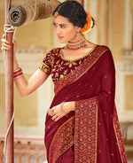 Thumbnail for Maroon Vichitra Stone Work Saree With Unstitched Blouse Piece - Rosy - Distacart