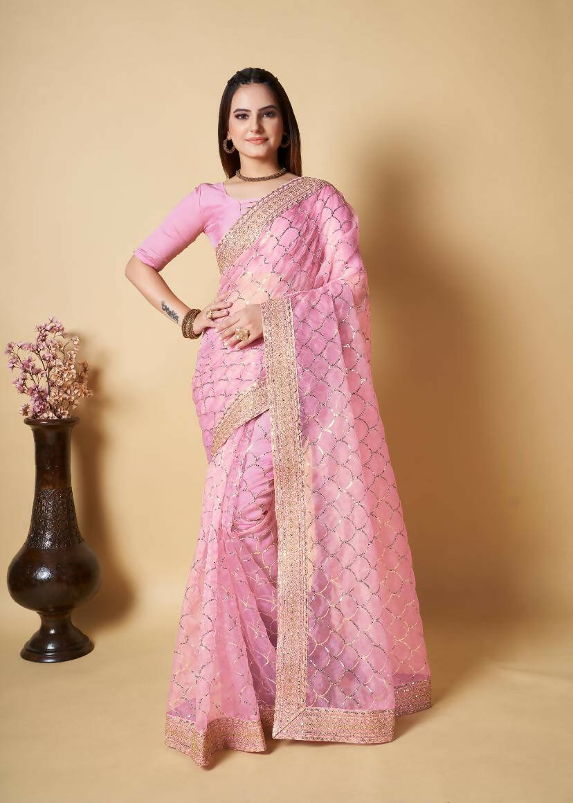 Vamsee Pink Organza Saree - Distacart