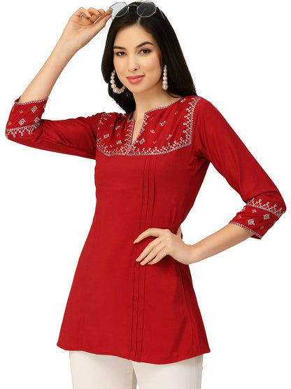 Red Chinon Floral Embroidered Top - Zeny - Distacart