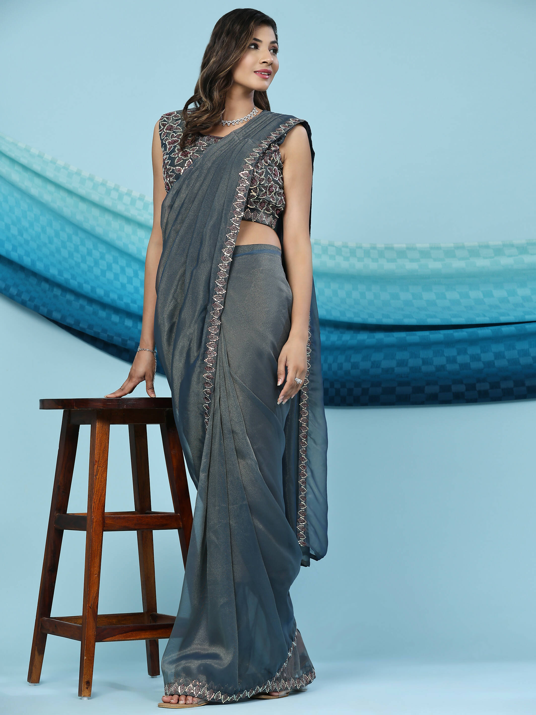 Teal Lycra Shimmer Pattern Ready to Wear Saree with stitched Blouse - Nirvana - Distacart