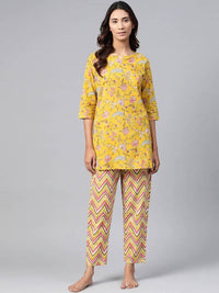 Thumbnail for Anubhutee Mustard Yellow & Pink Pure Cotton Printed Night suit - Distacart