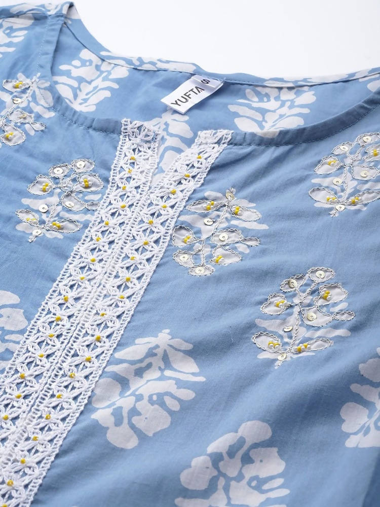 Yufta Blue & White A-Line Dupatta Set