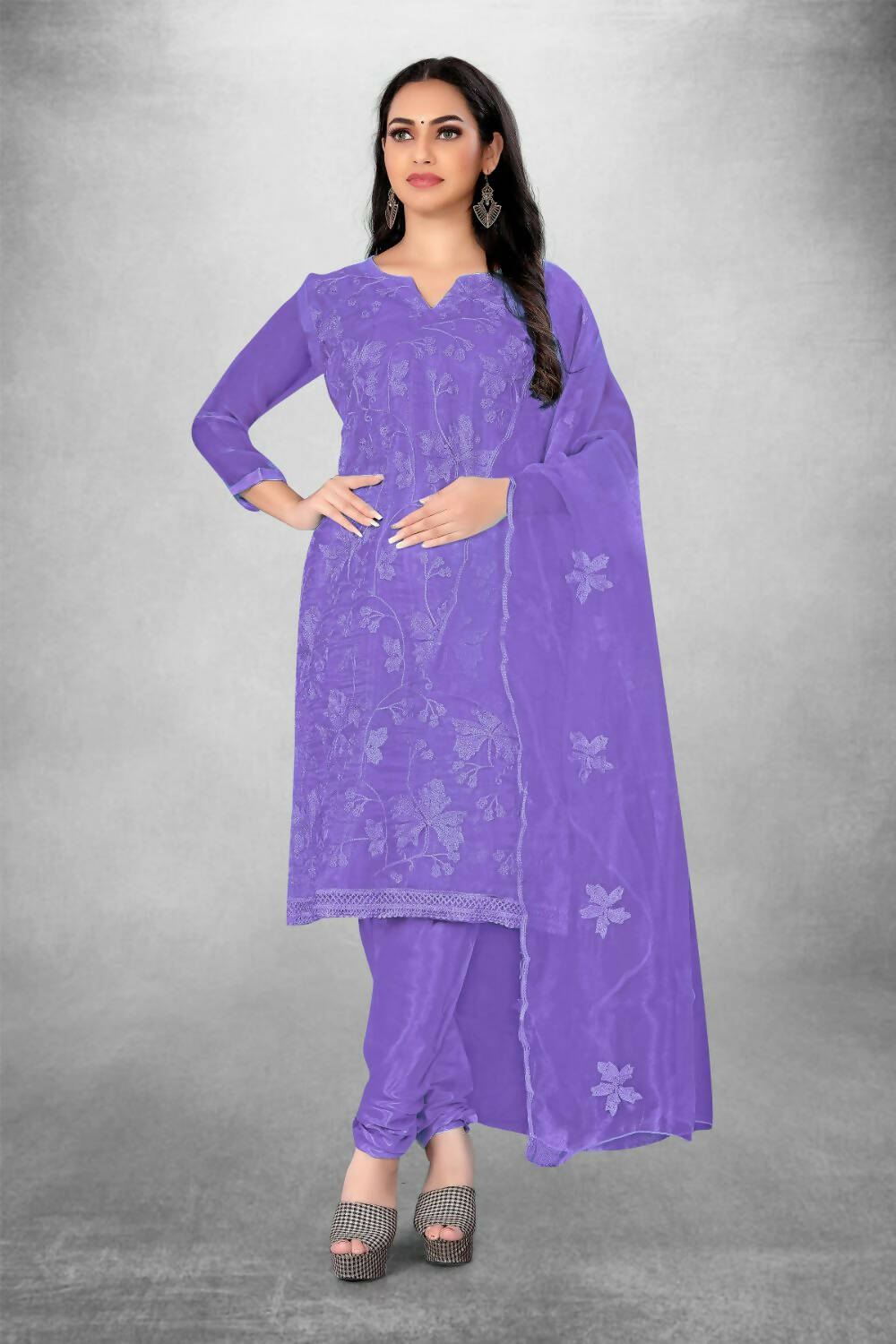 Lavender Heavy Organza Silk Embroidered Unstitched Dress Material - Amara - Distacart