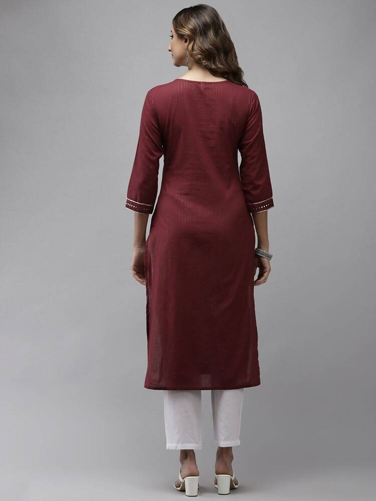 Yufta Women Maroon Yoke Design Mirror Work Cotton Kurta