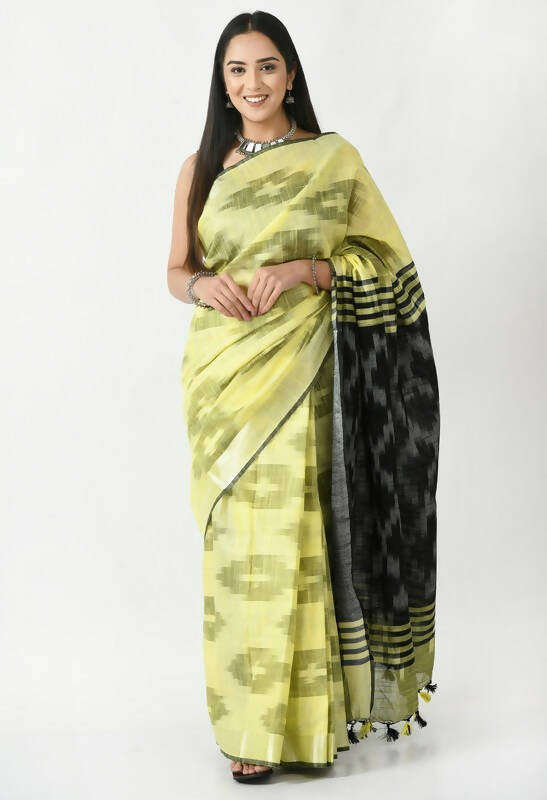 Mominos Fashion Moeza Lemon Yellow & Black Bhagalpuri Handloom Ikat Pure Cotton Saree with unstitched Blouse piece - Distacart