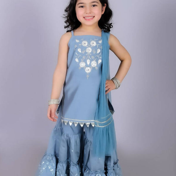 Lil Drama Ethnic Girls Blue Kurta with Sharara and dupatta set - Distacart