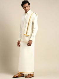 Thumbnail for Ramraj Cotton Premium Wedding Cream Regular Dhoti, Shirt & Towel Set Arathi 3/4