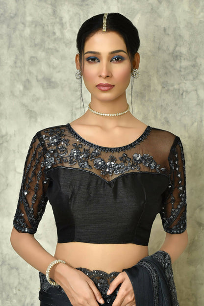Black Silk Solid Designer Saree with Blouse - Purvi - Distacart
