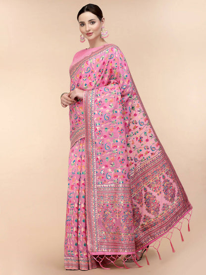 Pink Silk Blend Woven Design Saree With Unstitched Blouse Piece - Aloki - Distacart