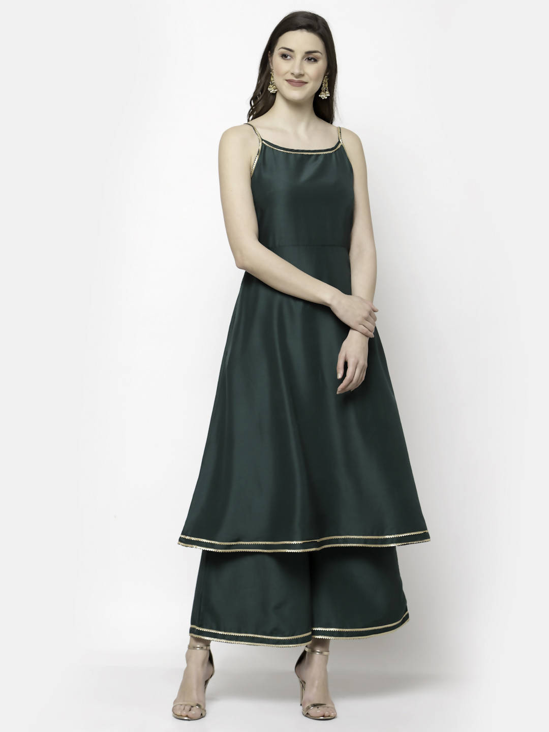 Myshka Dark Green Silk Blend Solid Sleeveless Round Neck Kurta Palazzo Dupatta Set