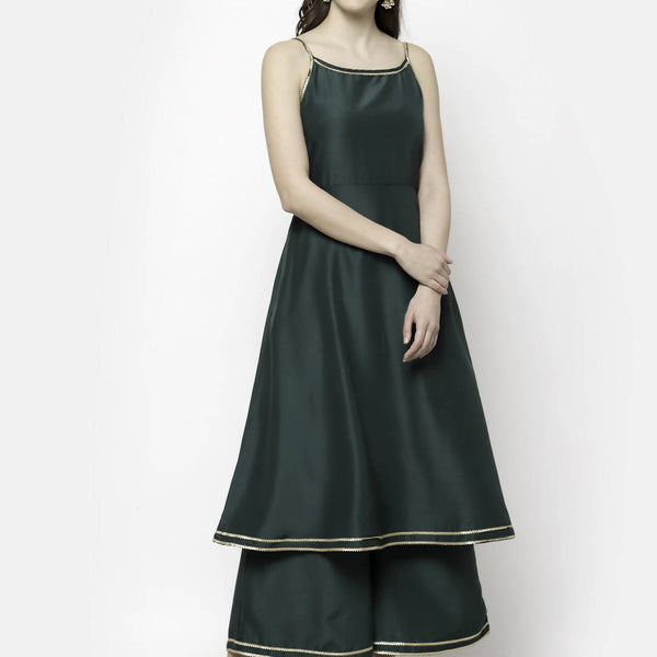 Myshka Dark Green Silk Blend Solid Sleeveless Round Neck Kurta Palazzo Dupatta Set