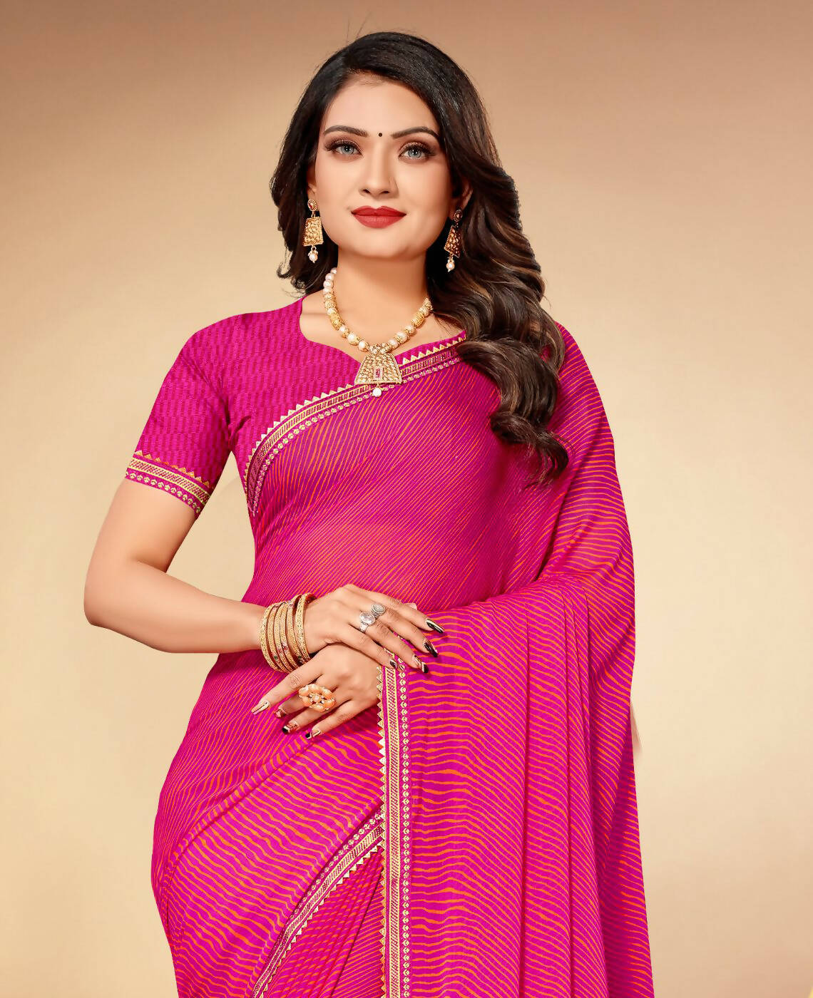 Pink Chiffon Leheriya Printed Saree With Unstitched Blouse Piece - Swarna - Distacart