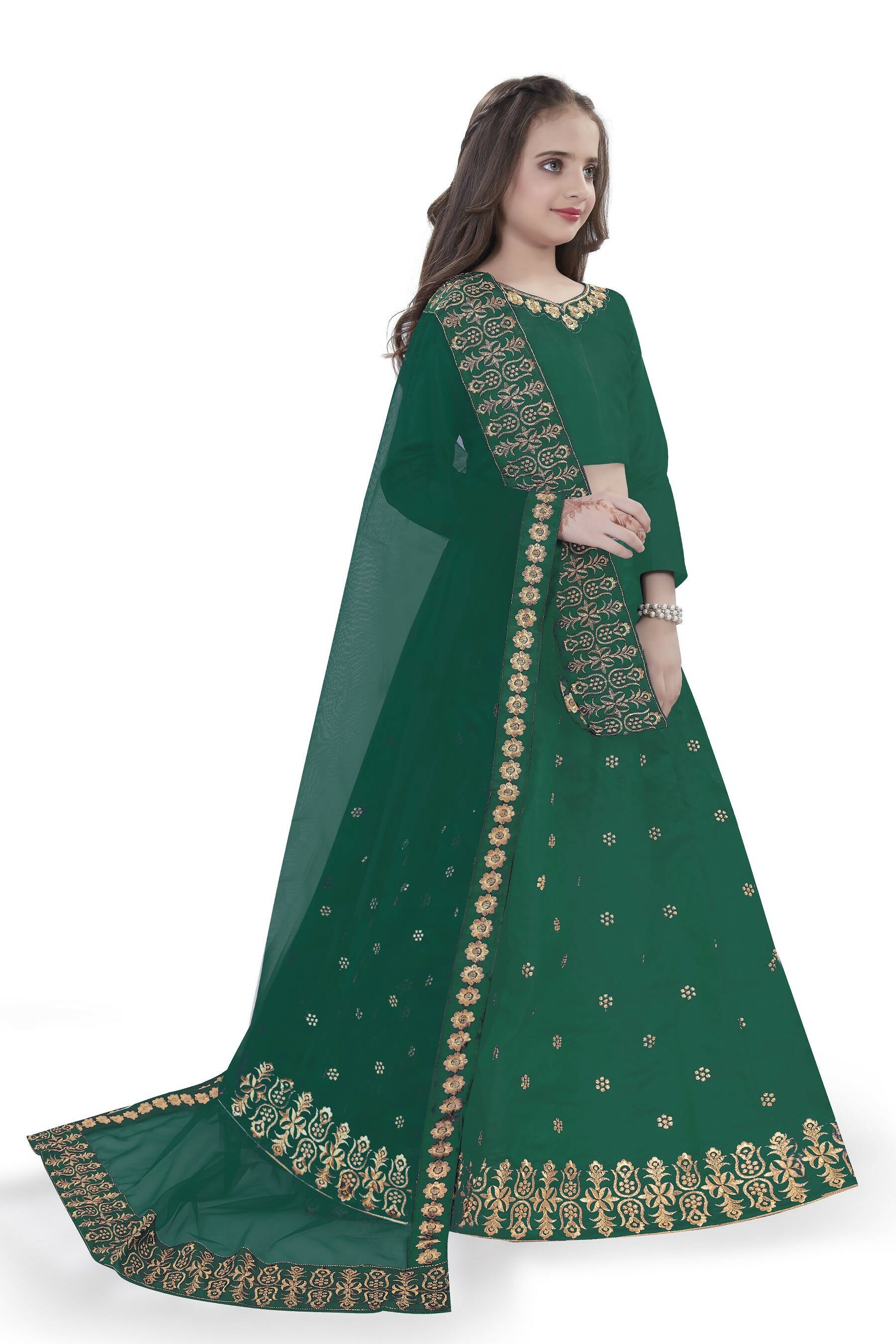 Dwiden Green Queen Tafetta Sattin Semi-Stitched Girl's Lehenga Choli - Distacart