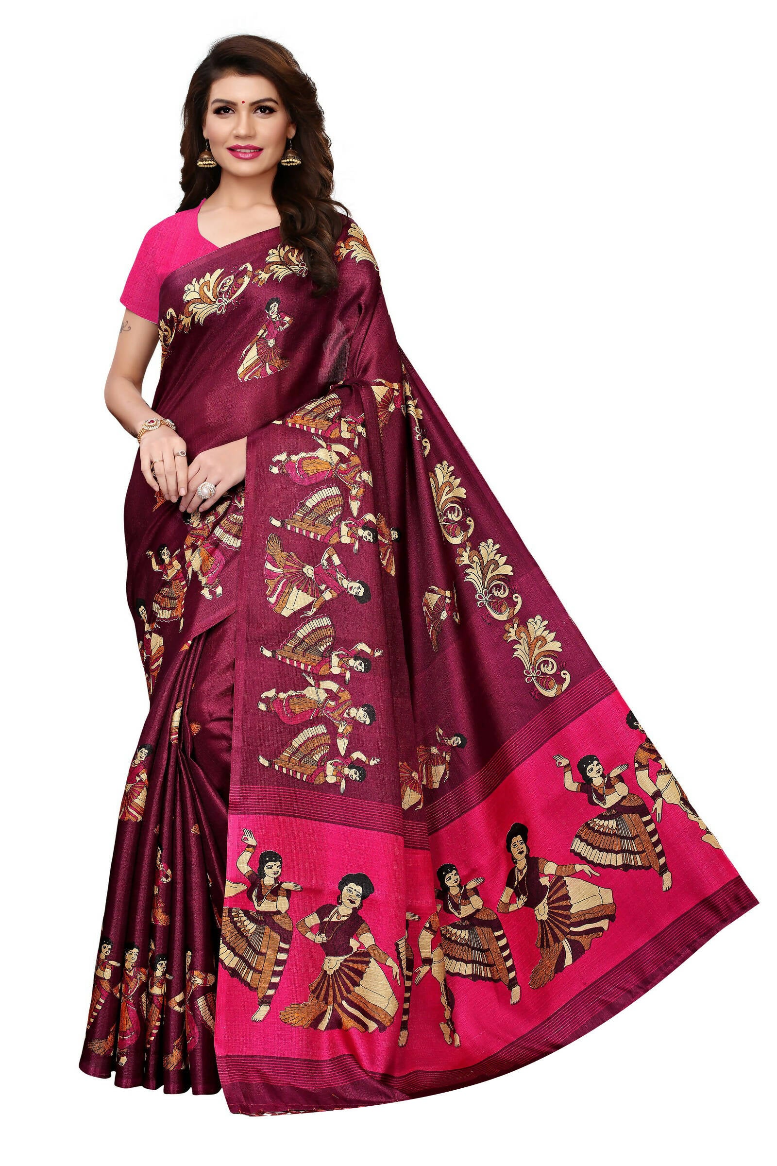 Vamika Wine Red & Pink Kalamkari With Jhalar Khadi Silk Saree - Distacart