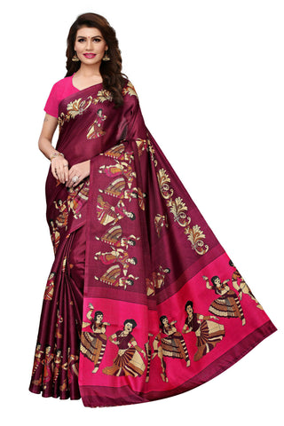 Vamika Wine Red & Pink Kalamkari With Jhalar Khadi Silk Saree - Distacart