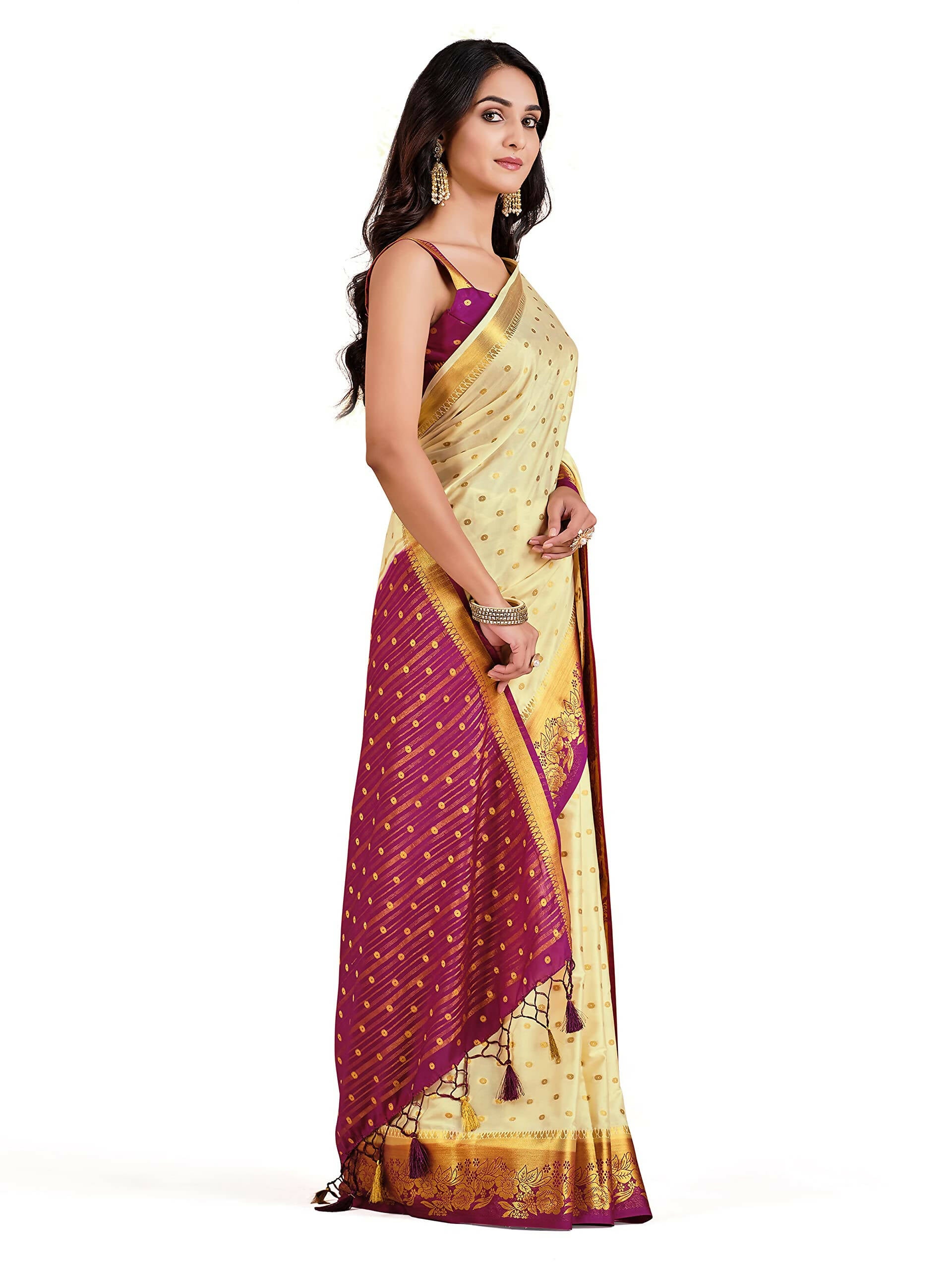 Mimosa Women's Beige Mysore Silk Crepe Saree - Distacart