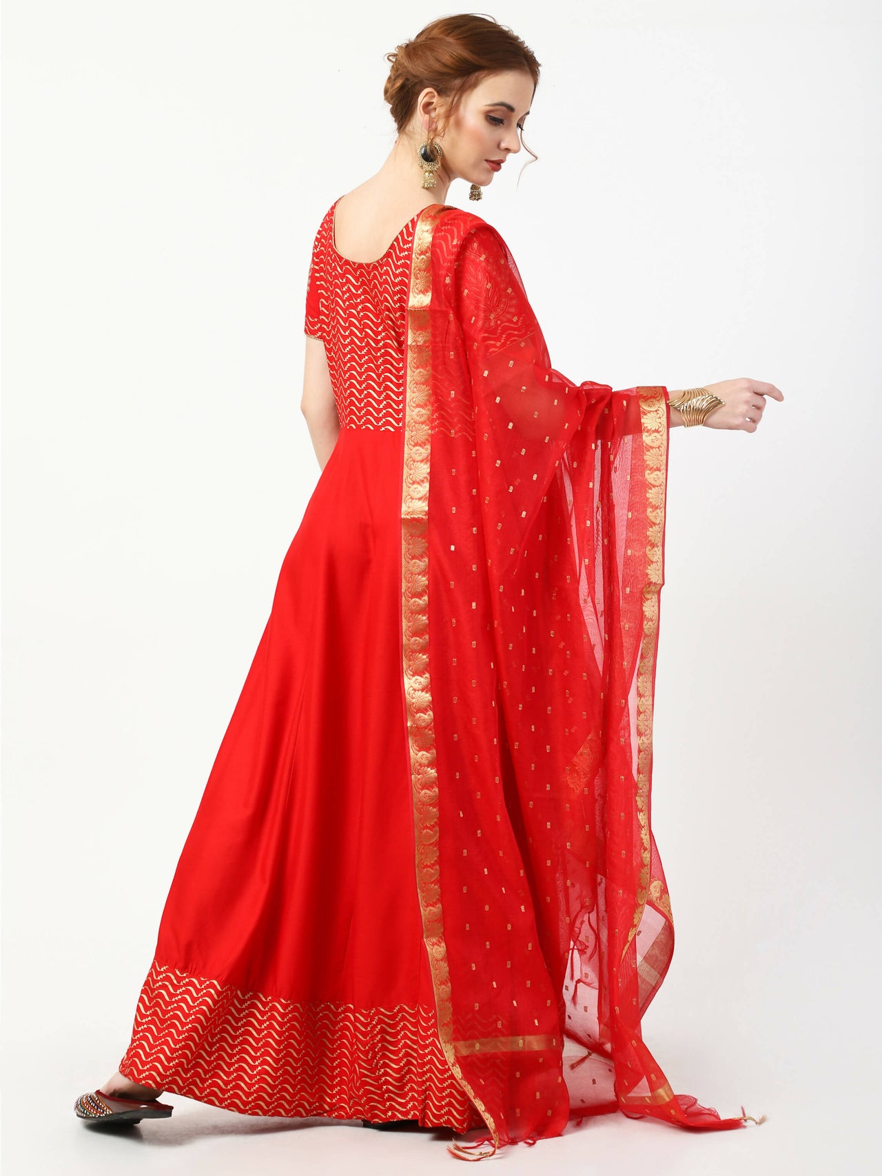 Cheera Women's Red Chanderi Silk & Rayon Hand Block Print Long Dress With Silk Dupatta Set - Distacart