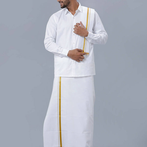 Ramraj Cotton Premium Wedding White Readymade Dhoti, Shirt & Towel Set Dhanvanthri - Distacart