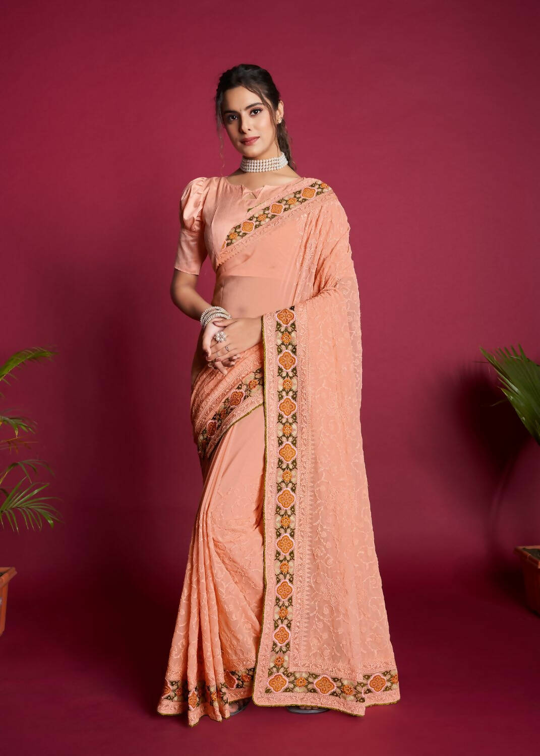Vamsee Peach Georgette Designer Saree - Distacart