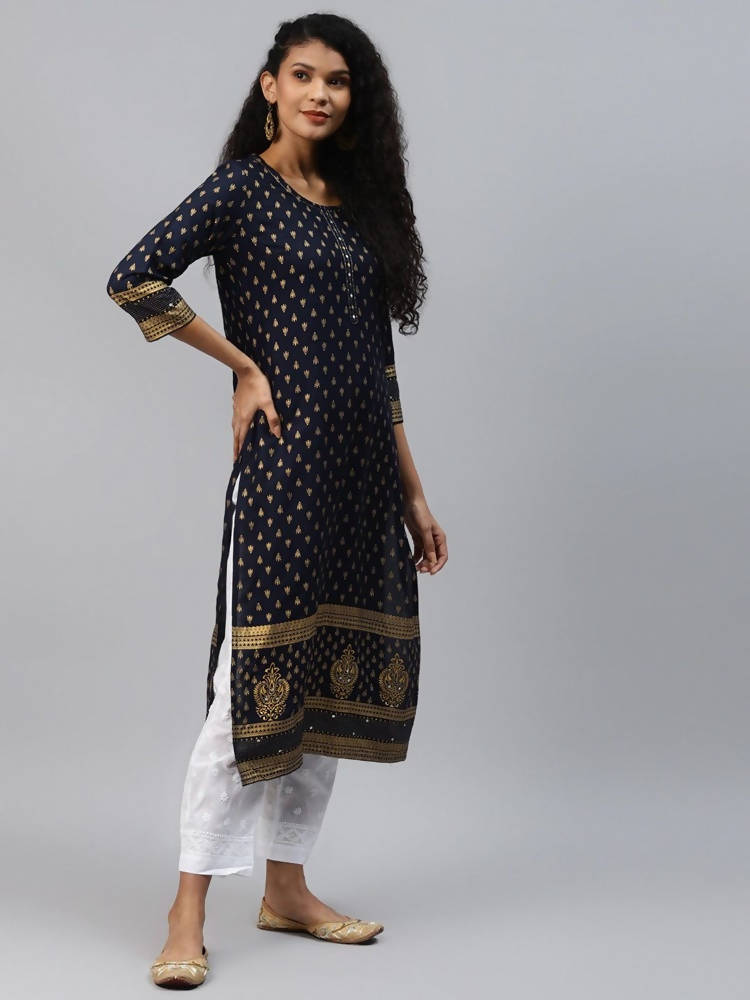 Yufta Women Navy Blue Golden Print Kurta