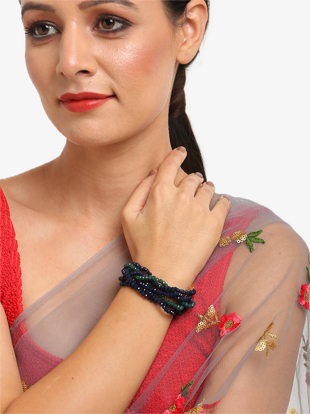 Women's Gold-Toned, Navy Blue Green Onyx Gold-Plated Multistrand Bracelet - Ruby Raang - Distacart