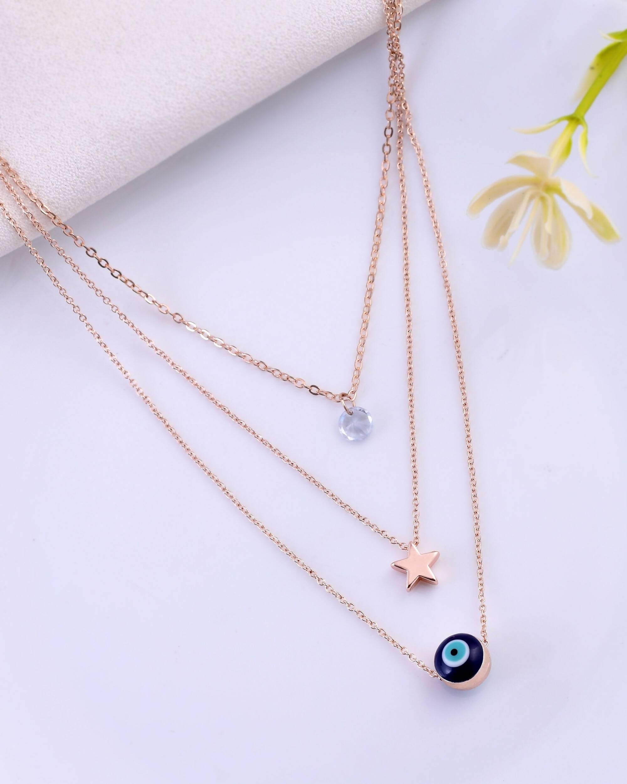 VOJ Women Stainless Steel 3 Layered Sliver Tonned Chain Set - Distacart