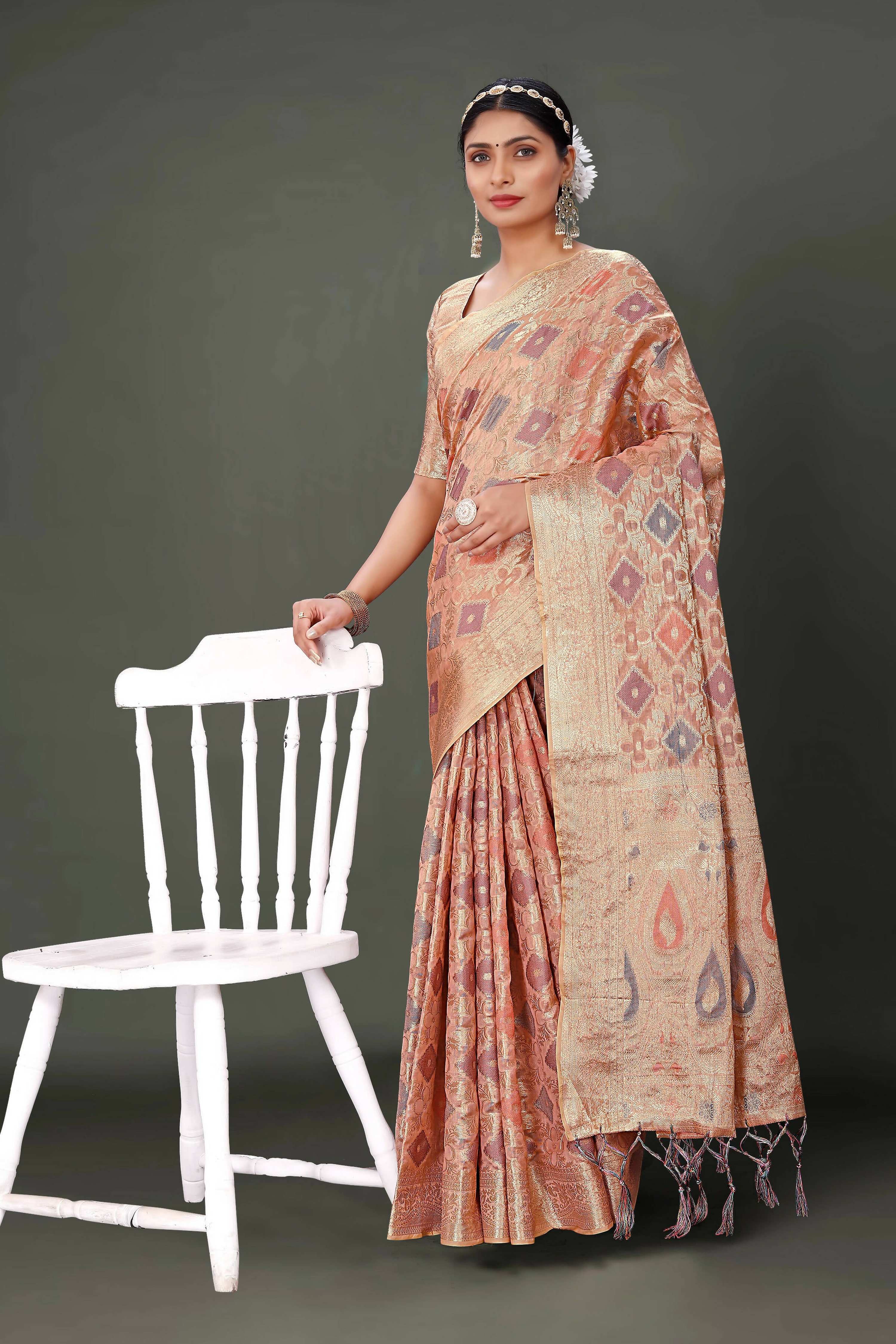 Pink Soft Organza Woven Design Saree With Unstitched Blouse Piece - Zaara - Distacart