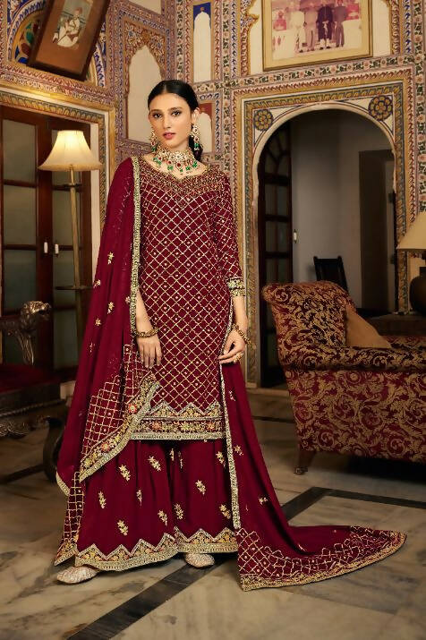 Maroon Heavy Chinon Semi Stitched Kurta with Bottom & Dupatta - Dhvani - Distacart
