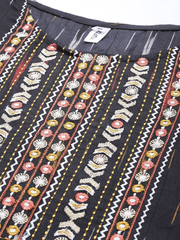 Yufta Black Pure Cotton Ikat Design Kurta with Palazzo & Dupatta