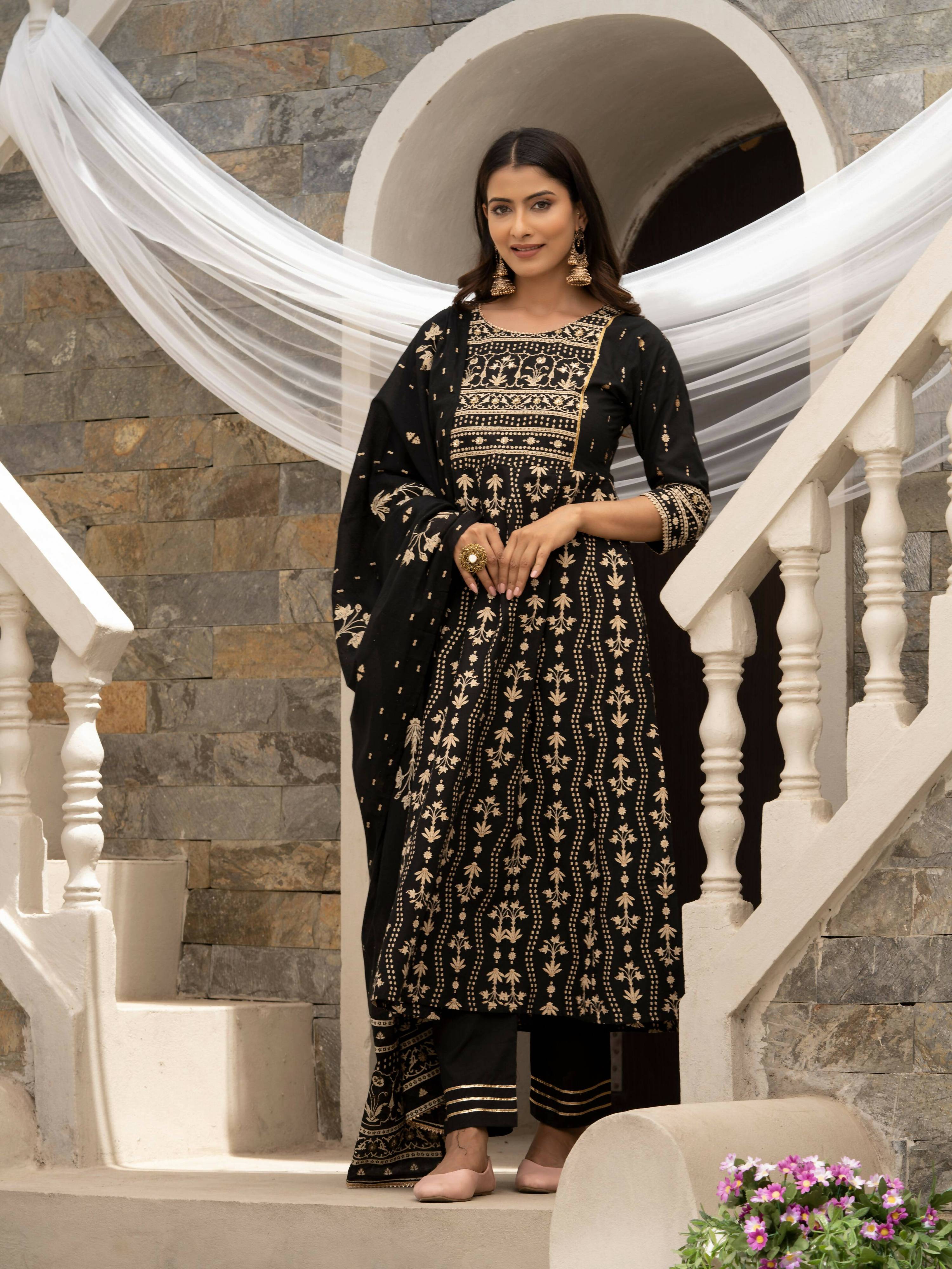 Black Cotton Cambric Printed with Sequins work Anarkali Kurta with Pant & Dupatta - Akashara - Distacart
