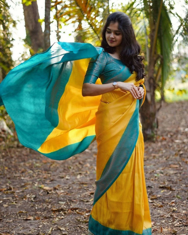 DEIANA'S Beautiful Golden Jari with New Design Soft Lichi Silk Saree - Yellow - Distacart