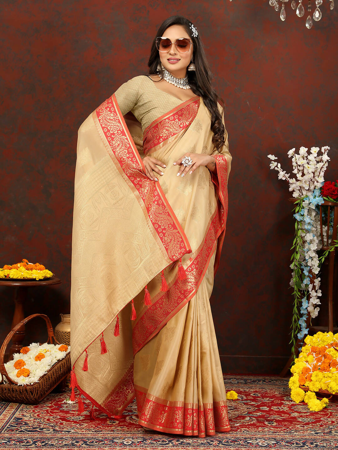 Lorenvalley Fashion Cream Cotton Woven Design with Zari Weaving Design Saree - Distacart