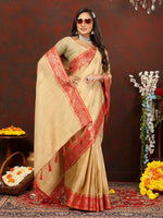 Thumbnail for Lorenvalley Fashion Cream Cotton Woven Design with Zari Weaving Design Saree - Distacart