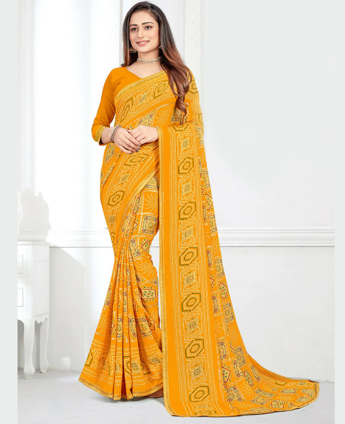 Yellow Georgette Bandhani Printed Saree With Unstitched Blouse Piece - Jyoti - Distacart