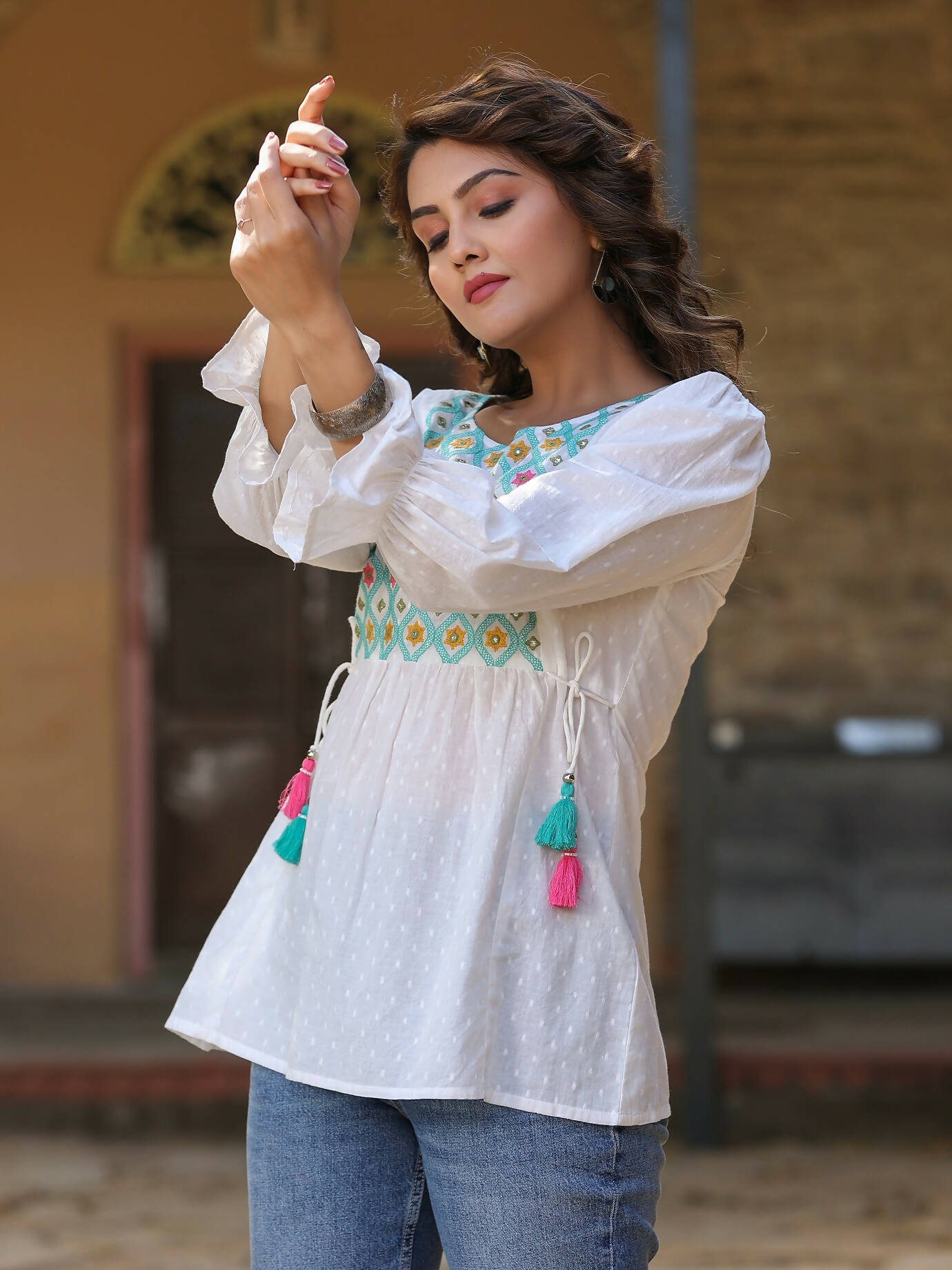 Juniper Women's White Cotton Dobby Solid With Multi Color Embroidered Tunic - Distacart