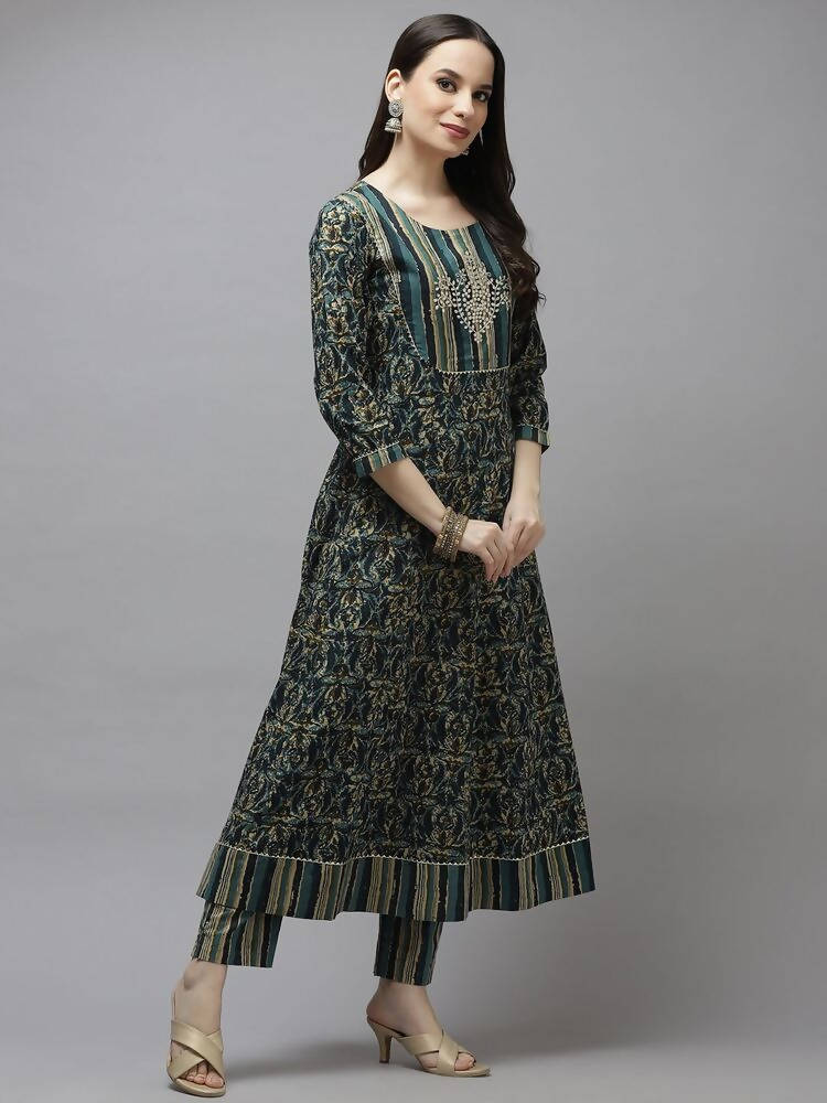 Yufta Women Green Printed Gotta Patti Pure Cotton Kurta with Trouser and Dupatta
