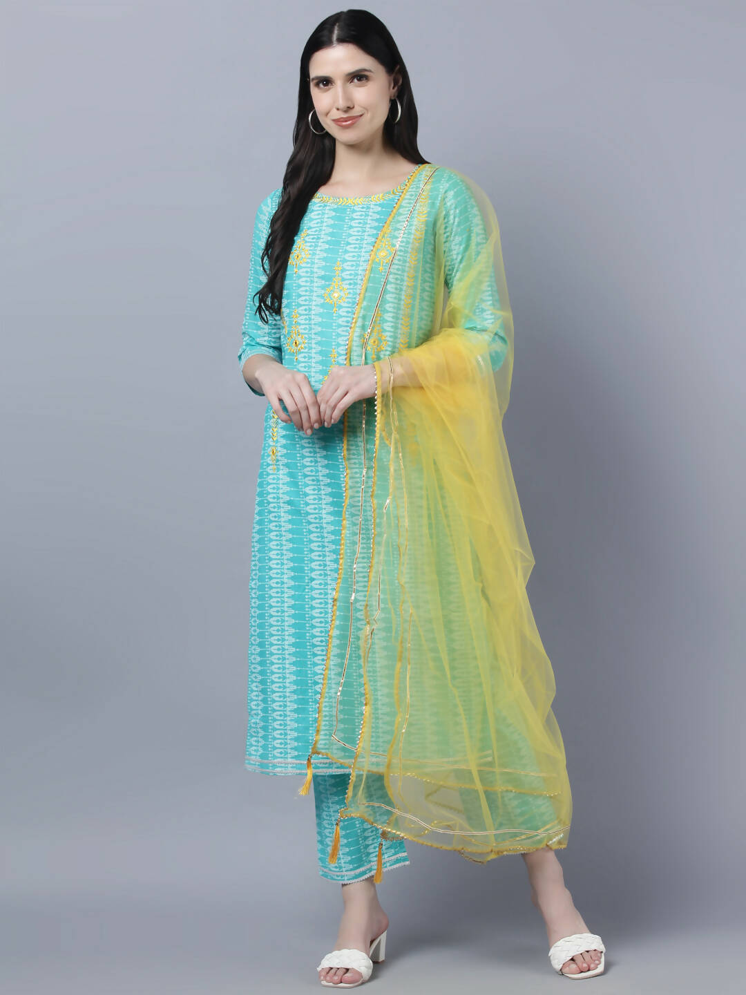 Myshka Women Turquoise Blue Layered Pure Cotton Kurti with Trousers With Dupatta Set - Distacart
