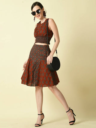 Myshka Women's Rust Round Neck Top With Skirt - Distacart