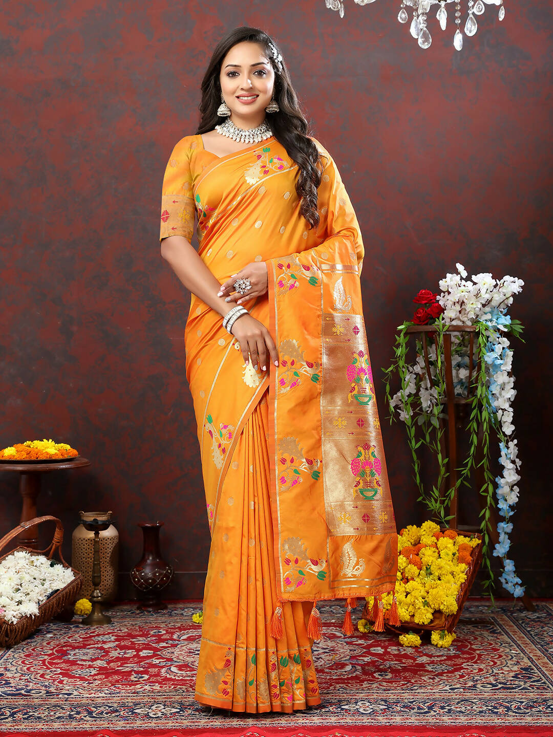 Lorenvalley Fashion Orange Soft Paithani Silk Woven Design Gold Zari Meenakari Weaving Saree - Distacart