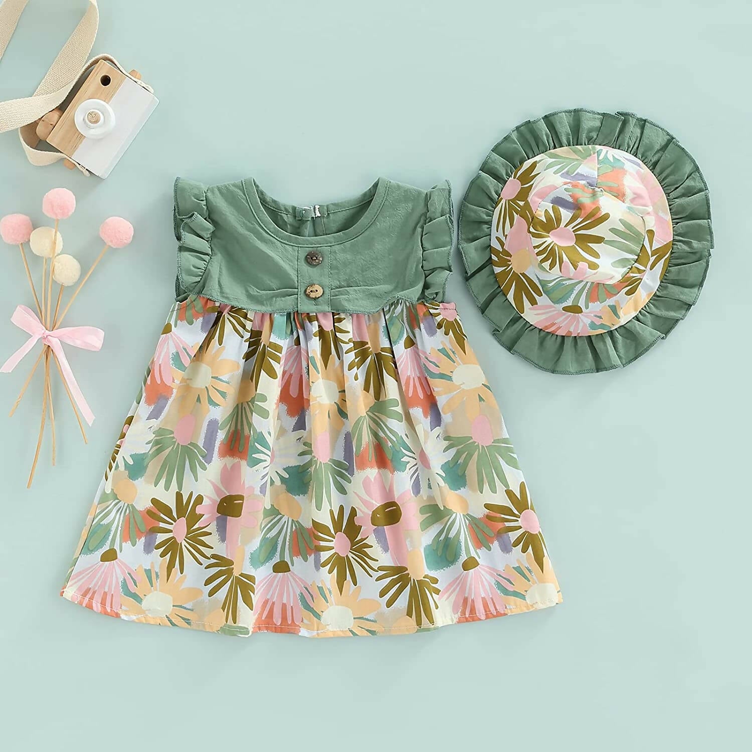 Bold N Elegant Cotton Floral Printed Ruffle Sleeve Princess Dress Frock With Fabric Hat Cap - Green - Distacart