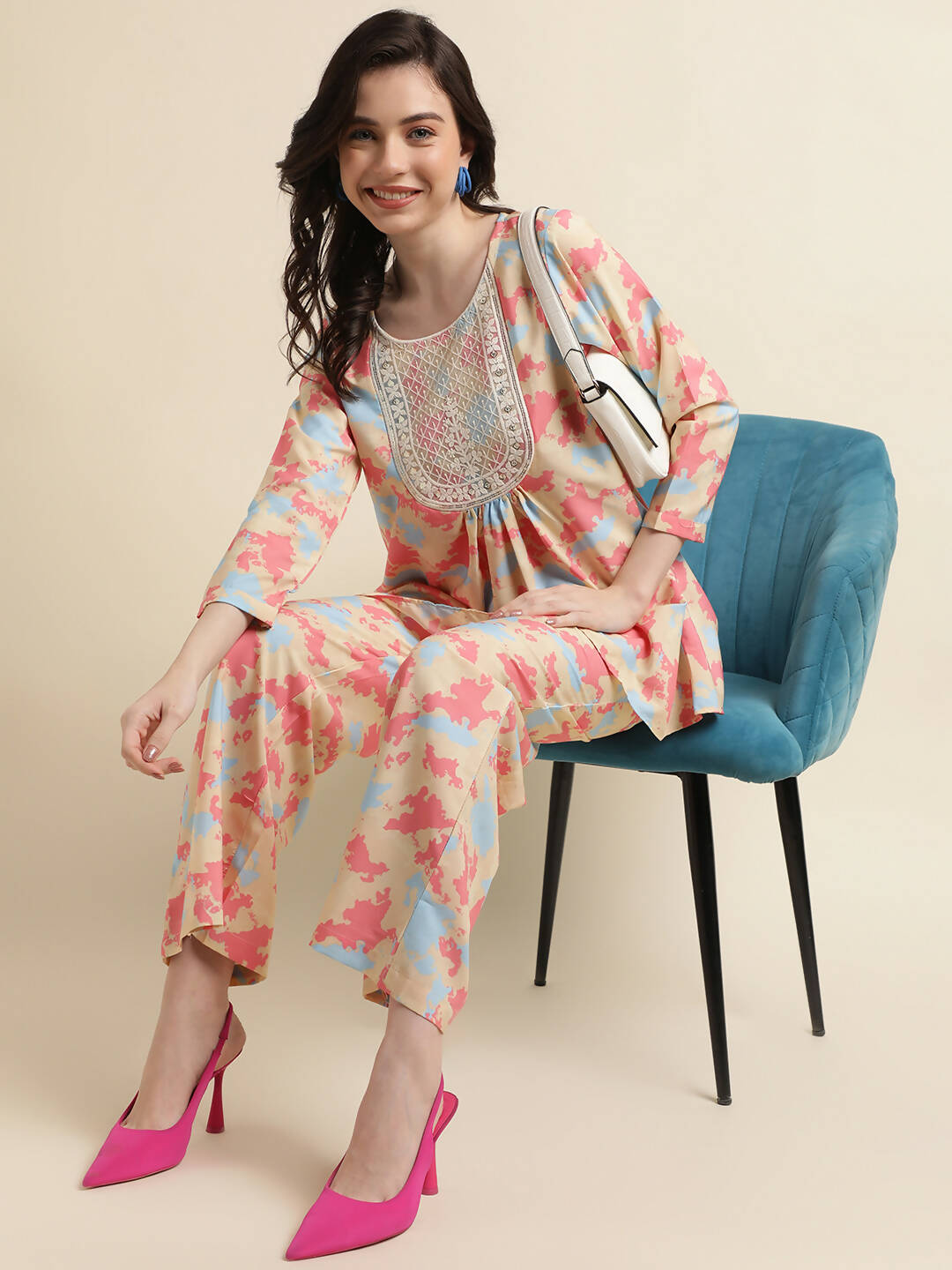 Beige & Pink Poly Crepe Digital Printed Top with Matching Bottom - Preeti - Distacart