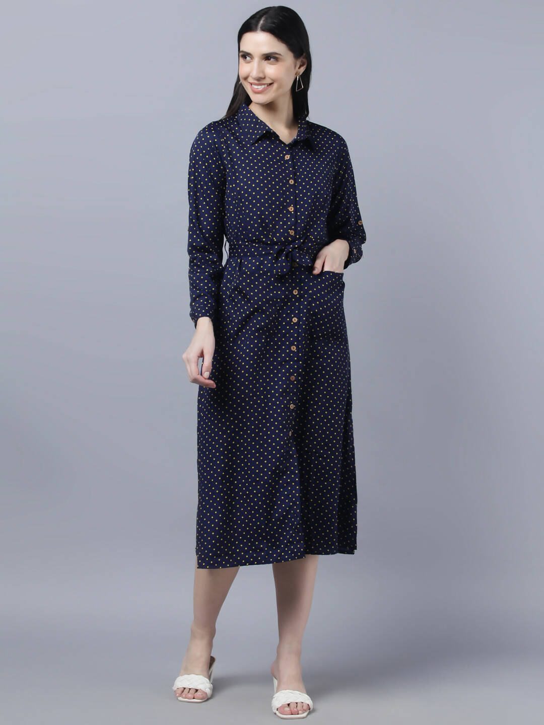 Myshka Women Navy Blue Yellow Printed Shirt Dress - Distacart