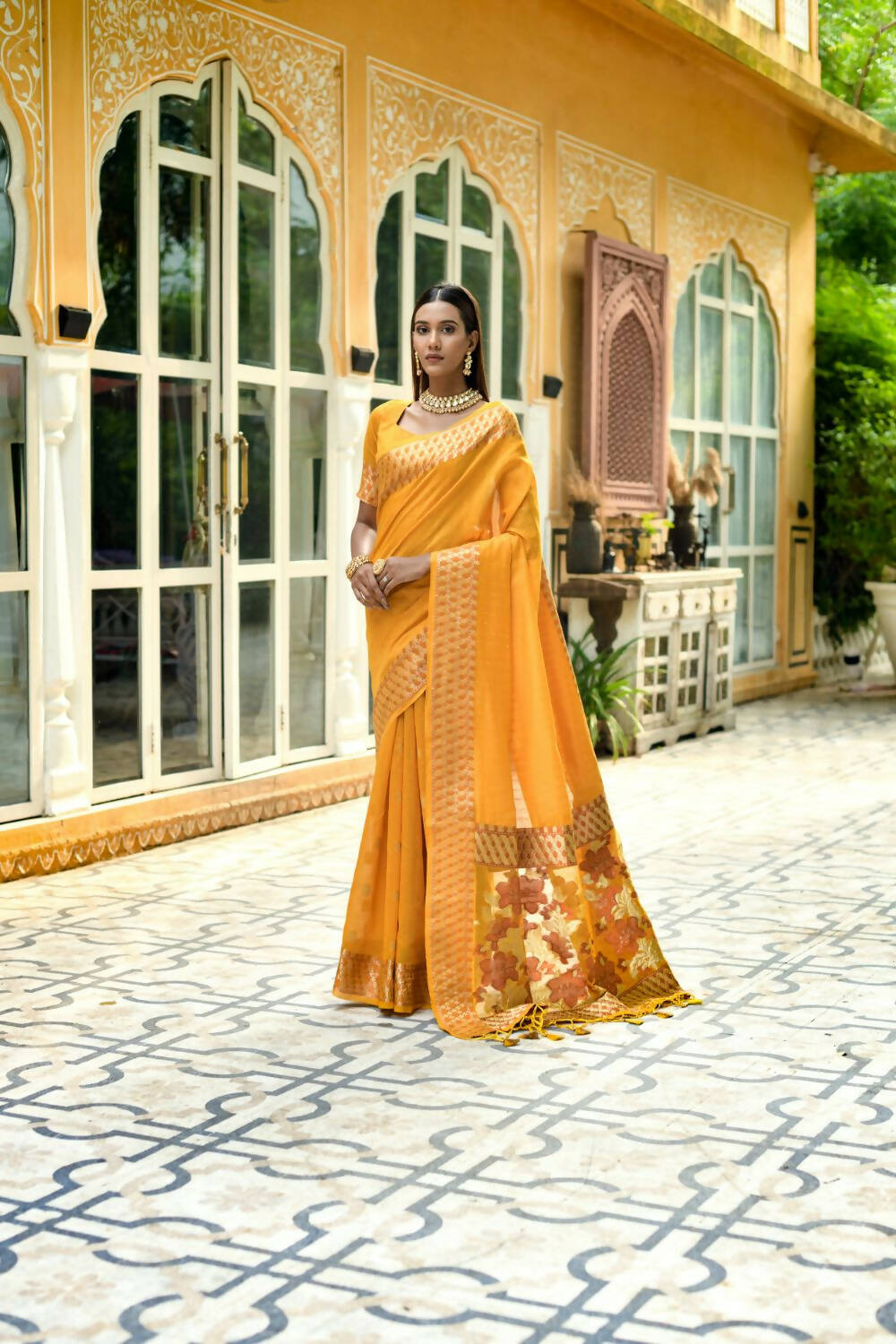 Vishnu Weaves Women's Yellow Cotton Silk Zari Woven Butta Work Saree with Blouse - Distacart