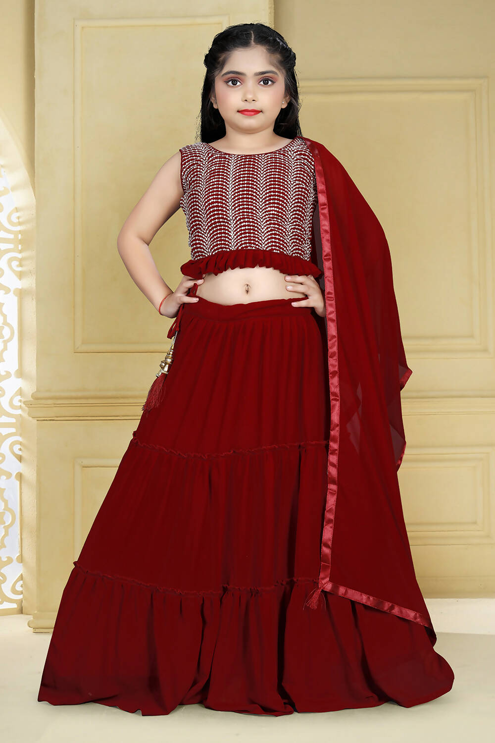 Wedding Designer Maroon Georgette Kidswear Lehenga - Aaradhna - Distacart