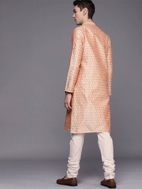 Thumbnail for Manyavar Men Peach-Coloured Regular Kurta with Pyjamas - Distacart