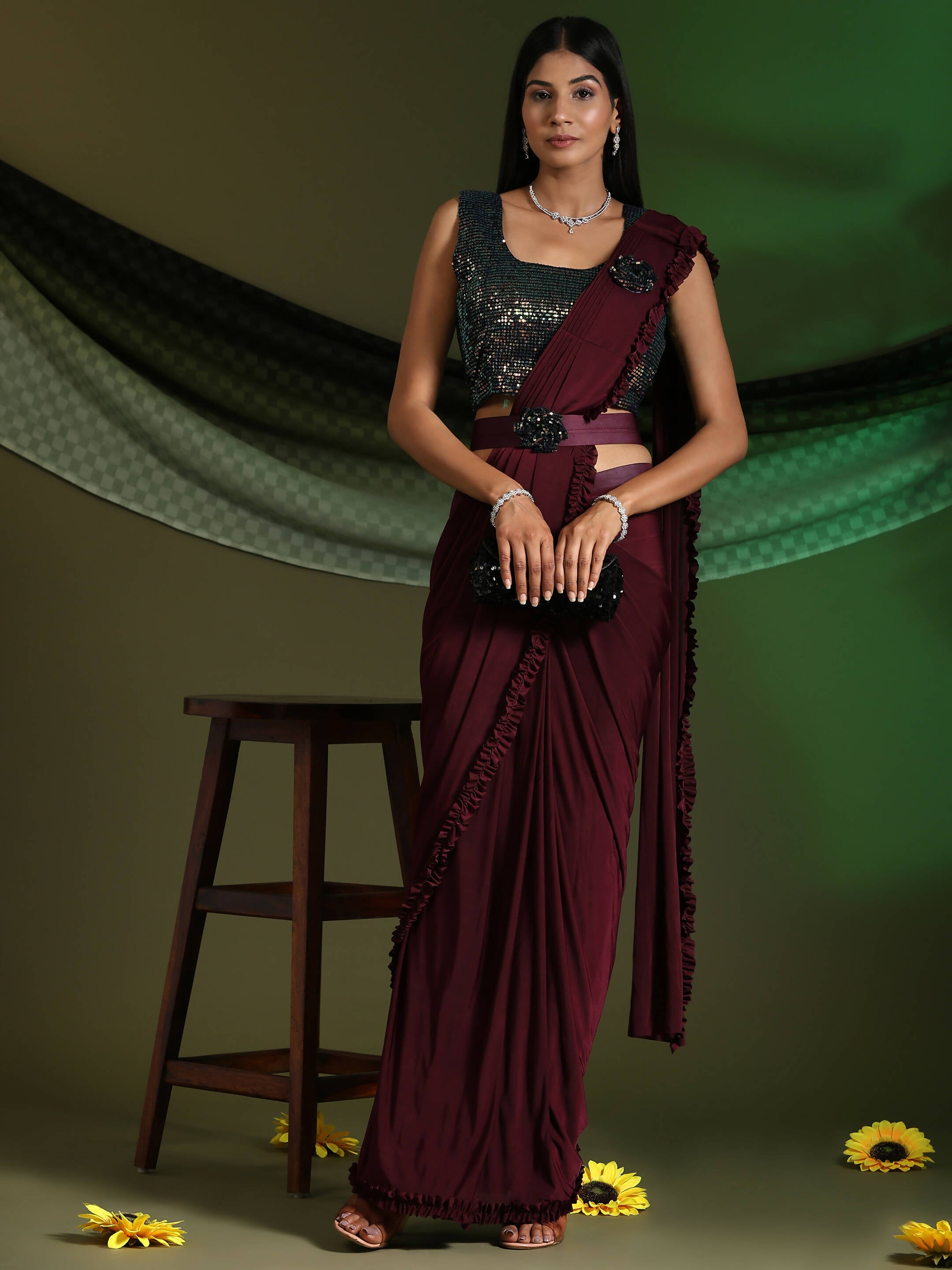 Maroon Imported Fabric Plain Ready to wear Saree with stitched Blouse - Vrinda - Distacart