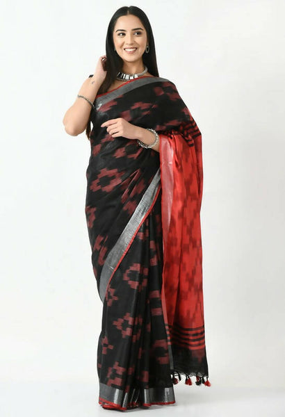 Mominos Fashion Moeza Black & Red Bhagalpuri Handloom Ikat Pure Cotton Saree with unstitched Blouse piece - Distacart