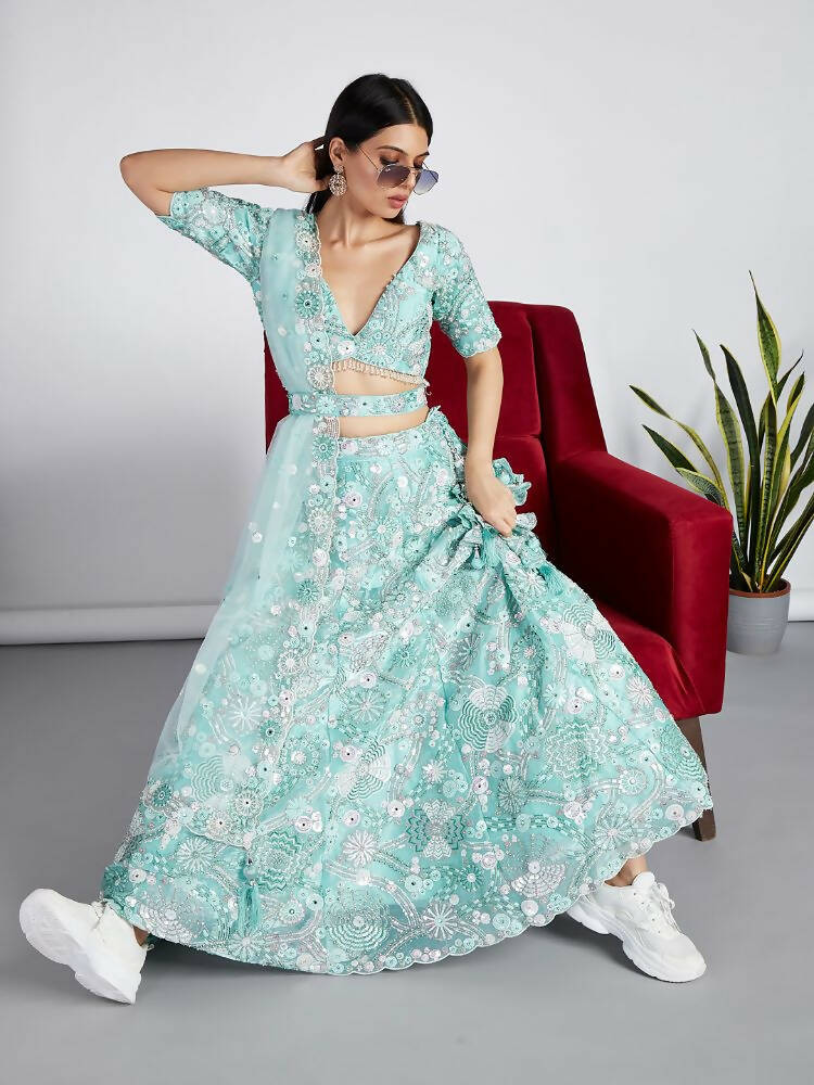 House of Panchhi Turquoise Blue Organza Sequins, Zarkan And Thread Embroidery Lehenga Choli & Dupatta - Distacart